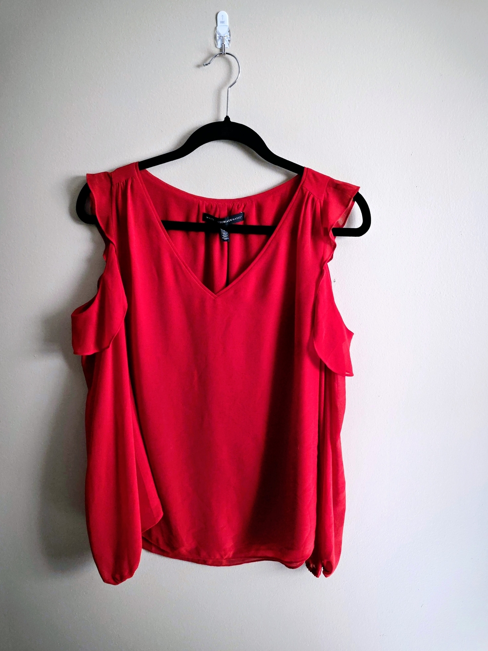 White House Black Market Red V-Neck Cold-Shoulder Blouse